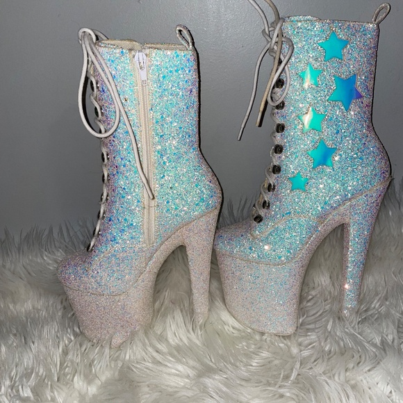 YRU MYA STAR WHITE GLITTER PLATFORM Stripper Dancewear BOOTS HEELS  XTRA Size 5 - Picture 7 of 16